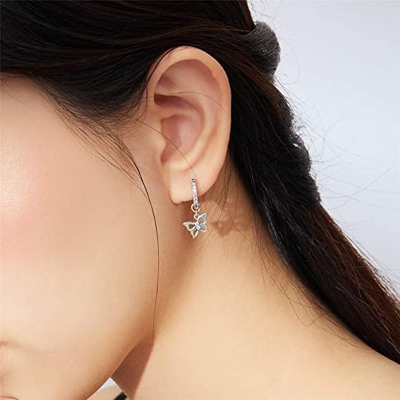 Cute CZ Butterfly Dangle Hoop Earrings for Women Teen Girls S925 Sterling Silver with Charms Huggie Hoops Crystal Drop Cartilage Filigree Jewelry Delicate Fashion Dainty Gift for Dauther