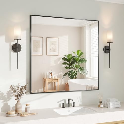 Image of Koonmi Black Mirrors for Wall, 30x30 Inch Bathroom Mirror, Rectangular Wall Mirror for Living Room Bedroom Bathroom, Hangs Horizontally or Vertically