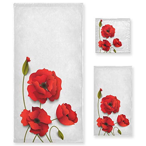 Naanle 3-Piece Towel Set,Pretty Red Poppy Flower Bath Towel Sets, 1 Bath Towel, 1 Hand Towel, 1 Washcloth, Poppy Paper Design Floral Print Absorbent Soft Towels Quick Drying for Bathroom