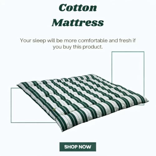 Image of Adim's Handmade Traditional Quilt Gadda Mattress, Green Lining, 7x6 ft,Pure Cotton Fabric, Cotton Filled, Firm, Reversible Design, for Floor Sleeping and Bed Use