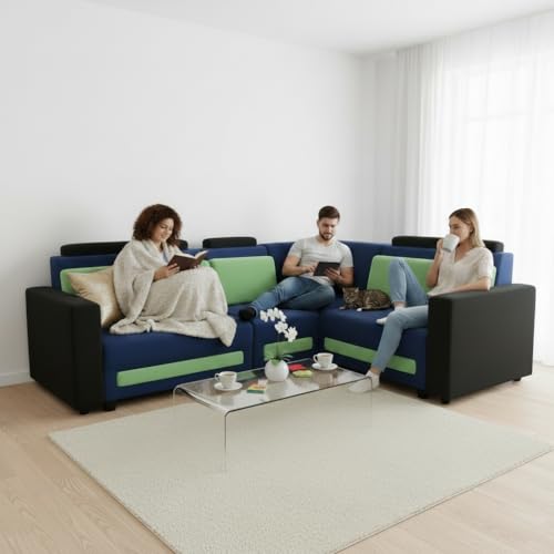 Image of APRODZ Wooden Sofa Set 6 Seater for Living Room, Solid Wood L Shape Sectional Sofa with Velvet Fabric Upholstery, Cushioned Seating for Home, Office & Lounge, Blue, Black & Green