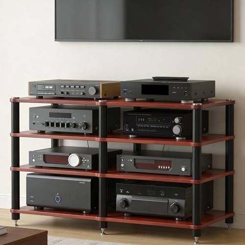 RAJYQODIS Heavy Duty AV Media Stand, Multifunctional Stacking Audio Component Rack with Shock-Absorbing Foot pegs, Audio Stand for Home Theater Studio (Teak, Fourth Floor)