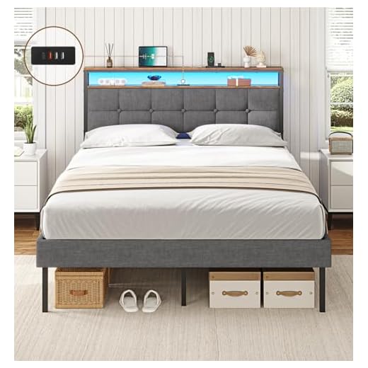 AOGLLATI Lit 2 Personnes avec Multiprise et LED Réglable,Cadre de Lit 140x190 avec Sommier Métal,Capitonnée en Lin Gris, sans Matelas
