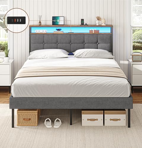 AOGLLATI Lit 2 Personnes avec Multiprise et LED Réglable,Cadre de Lit 140x190 avec Sommier Métal,Capitonnée en Lin Gris, sans Matelas