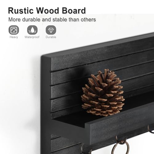 Decorative Key Holder for Wall with Shelf, Entryway Shelf with Hooks Holds Leashes, Jackets and Glasses – Sturdy Wood Keyholder Entrance Hanger with Mounting Hardware (Black) - Image 5