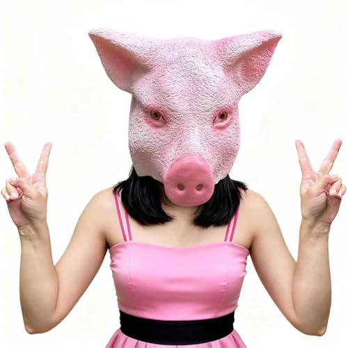 Derlinvine Pink Pig Head Mask Cute Piggy Latex Animal Face Mask Novelty Deluxe Cosplay Animal for Festival Ball Party Props