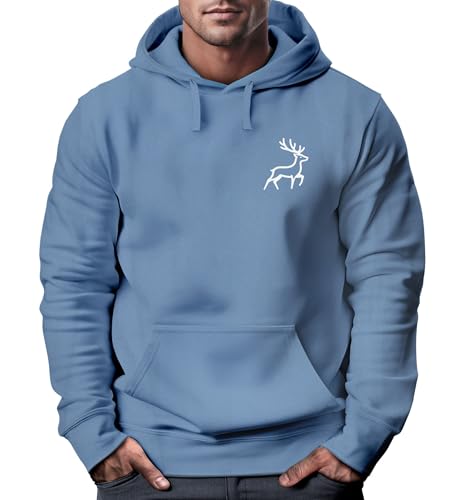 Neverless® Hoodie Herren Print Aufdruck Hirsch Wald-Tiere Kapuzen-Pullover Männer Outdoor Fashion Streetstyle Indigo Blue XL