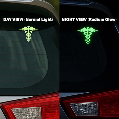 Image of Doctor Radium Glow Car Sticker | Medical Symbol Caduceus Glow-in-Dark Sticker for Car, Bike & Helmet | Night Reflective & Radium Decal (Size 9x10.5 cm) Pack of 2