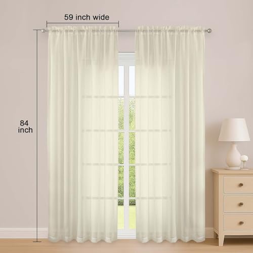 Image of OWENIE Sheer Curtains 84 Inches Long 2 Panels Set, Sheer Cream Curtains for Living Room Bedroom 59 Inch Extra Wide, Modern Voile Filmy Rod Pocket Drapes, 2 Pcs, Each 59 W x 84L, Cream