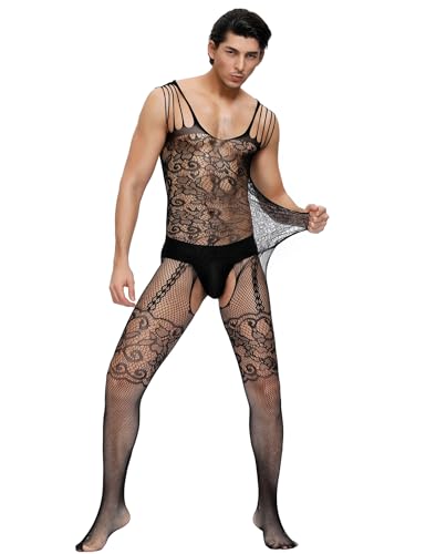 sunshinelady Bodystocking Ouvert Für Herren Sexy Fishnet Bodysuit Man Transparent Catsuit Männer Sissy Dessous Männer Große Größen Gay Reizwäsche Offener Schritt Box Verpackung Schwarz-Stil 3 L-2XL