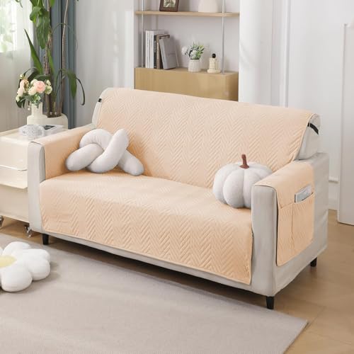Image of HOKIPO Polyester Quilted 2 Seater Sofa Cover Mat with Pockets, Beige (NEW-802-BGE)
