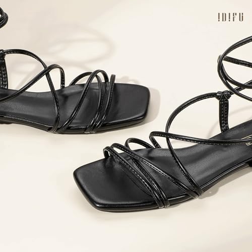 Image of IDIFU Strappy Lace Up Flat Sandals for Women Tie Up Square Open Toe Ankle Wrap Straps Dressy Gladiator Summer Beach Wedding Party Ladies Comfortable Cute Casual Dress Sandals