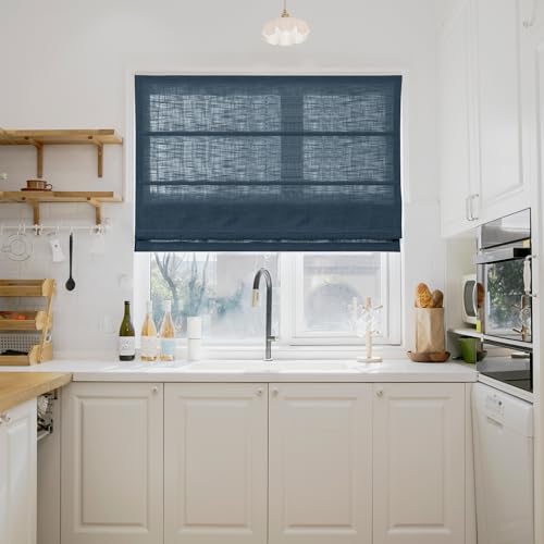 Image of TWOPAGES Liz No Drill Cordless Roman Shades Linen Textured Roman Blinds for Windows, Custom Made Room Darkening Blackout Roman Window Shades, Hardware Included, Aegean Blue, 1 Piece
