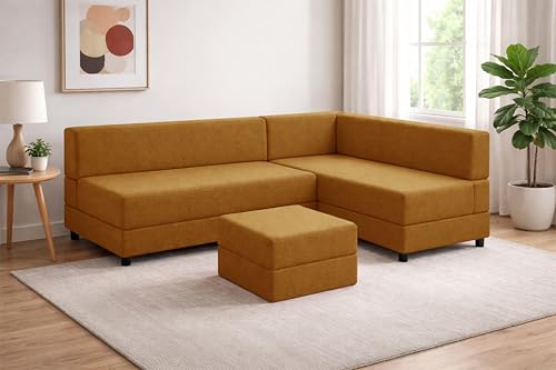Image of Leg Sofa Cum Bed with Ottoman | Jute Fabric | Multipurpose Folding 3 Seater Sofa Bed 5x6 Ft for Living Room | Space Saving Furniture | Modern Design - Golden