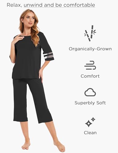 Image of GYS Bamboo Viscose Capri Pajamas for Women Set Cooling 3 /4 Sleeve Pjs | Moisture-Wicking Sleepwear for Night Sweats, OEKO-TEX Certified, Gentle on Sensitive Skin, Soft Sleep Lounge Sets