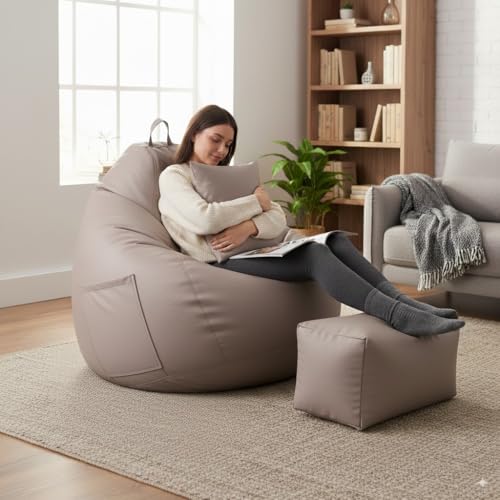 Image of 5XL Premium Leatherette Bean Bag with Rectangular Footrest & Cushion | High Density EPS Beans Filled | Teardrop Shape with Handle | 6 Months Warranty (Beige, 5XL Combo Pack, Solid)