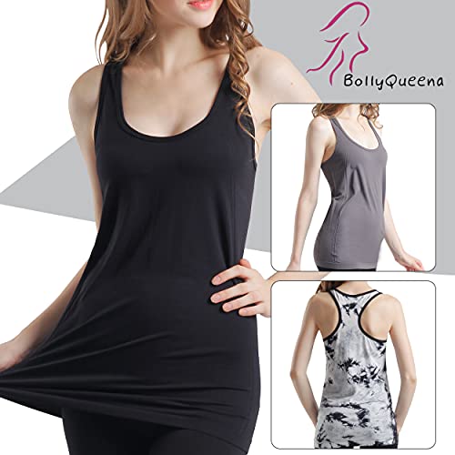 BollyQueena Workout Tank Tops for Women, Summer Racerback Athletic Sports Seamless Long Shirts Jogging Tops Plus Size 2 Packs, Blue