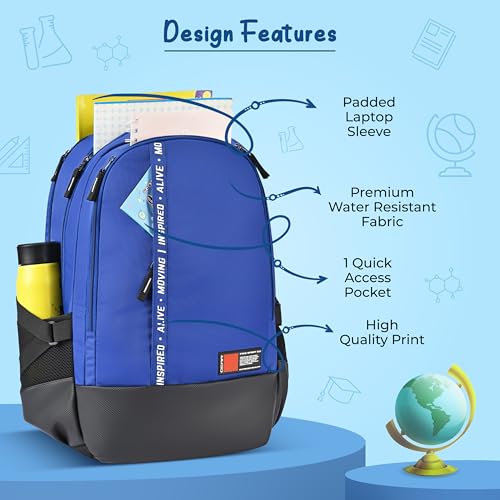 Image of Gear Inspired 19 inch /36L Large Water Resistant School Bag | Casual Backpack | Daypack | Travel Backpack | Kids Bag for Boys /Girls (Blue - Black)