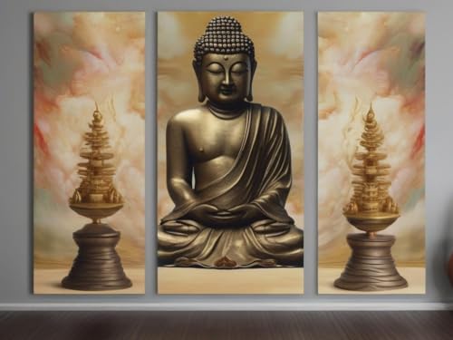 Triptyque bouddha abstrait impression premium BensArt sur châssis pin robustes