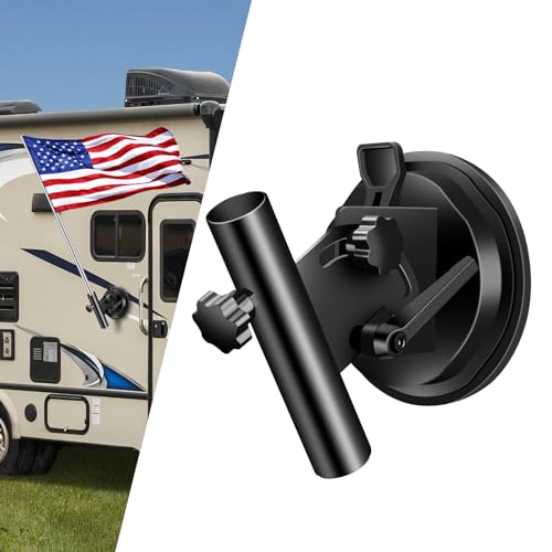 Hifor Suction Cup Flag Holder for RV Camper Car Truck Trailer SUV - Adjustable Angle Black Aluminum Alloy Flag Pole Mount