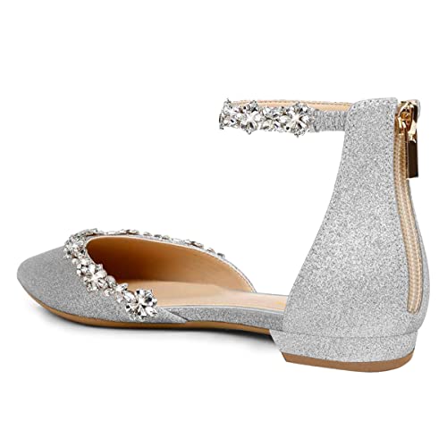 Image of XYD Women Classic Pointed Toe D'Orsay Wedding Flat Sandals Sparkly Rhinestones Ankle Strap Low Heel Dress Shoes with Zipper