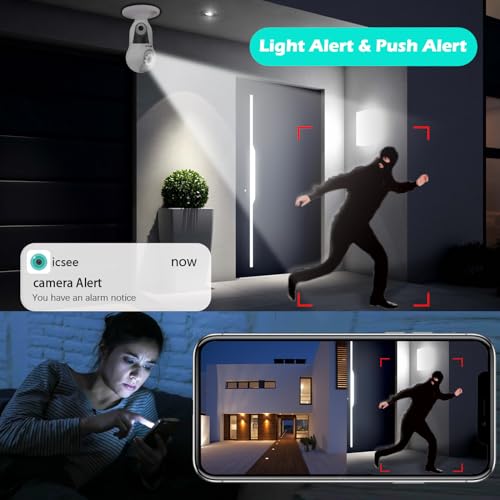 6MP UHD Light Socket Security Camera,Light Bulb Security Camera,2.4GHz Dual Lens 360°Security Cameras Wireless Indoor,Full Color Night, Motion Detection,Message Alert,24/7 Recording, SD/Cloud