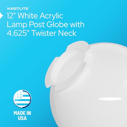 Image of KASTLITE 12 inch White Acrylic Lamp Post Globe, 4-5 /8 inch Twist Lock Neck, USA | Street Light Cover Replacement - Outdoor Lighting Diffuser for Yard - Weatherproof, UV & Impact Resistant - Plastic Not Glass