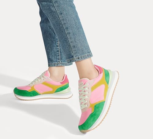 LUCKY STEP Women's Platform Fashion Sneakers Suede Colorful Colorblock Stylish Retro Casual Neutral Tennis Running Footwear Walking Shoes(Fuchsia/Green,9 US)