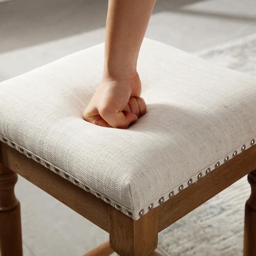 Butacos Altura Barra Set de 2 Butacos sin Espaldar de Madera con Detalle de Tachuelas, Altura 26", para Isla de Cocina/Patio/Balcón, Asiento en Tela Beige y Patas en Color Natural miniatura 6