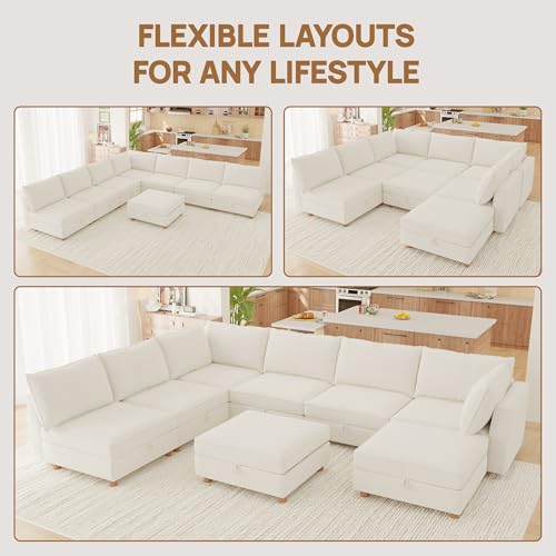 Image of 128 inch Modular Sectional Sleeper Sofa Bed with Storage & Washable Covers, 8-Seater Chenille Modular Sofa Bed with Movable Ottoman Chaise, Convertible Sleeper Sectional Couches for Living Room, Beige