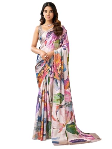 Image of Satrani Women's Satin Digital Printed Saree with Unstitched Blouse Piece