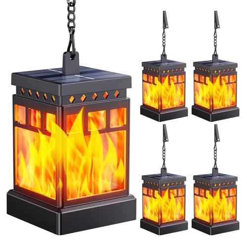 KOOPER Hanging Solar Lanterns Outdoor Waterproof 4PCS Flickering Flame Hanging Solar Lights for Outside Outdoor Solar Lanterns up to 12 Hours Lanterns Decorative for Patio Porch Yard Garden Decor
