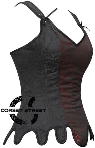 Women’s Red And Black Brocade Corset With Shoulder Straps Gothic Costume Overbust