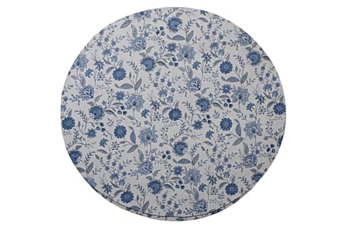 Image of The Furnishing Tree Elastic Cotton Round Center Table Cover 18x18 in Inches Floral Blue on White Base