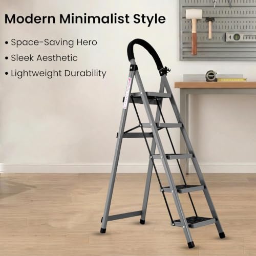 Image of Casa Copenhagen Grey 5 Step Ladder for Home Use with Built-in Tool Tray | Heavy Duty D Shape Rods | Ultra Large Platform | Wide Rubber Feet | 150Kg Capacity Foldable Ladder - 7 Years Warranty