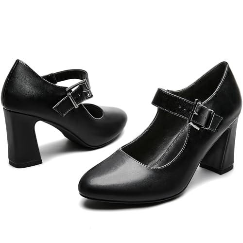 Women's Mary Jane Heels Closed Toe Block Heel Round Toe Chunky High Heel Pumps Ankle Strap Dress Shoes Patent Leather Comfortable Wedding Party Pumps Shoes