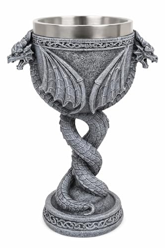 JRose Collections Gothic Dragon Goblet Chalice with Twin Dragon Design – Medieval Stone Effect Resin with Stainless Steel Inner Cup – Fantasy Home Bar Décor, Collectible Ornament, Drinking Cup
