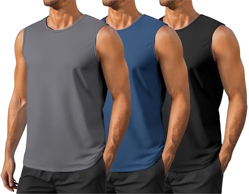 Men's Gym Tank Top Quick Dry 3 Pack UPF 50+ Sleeveless Workout Shirts Summer Sun Protection Running Tank Tops