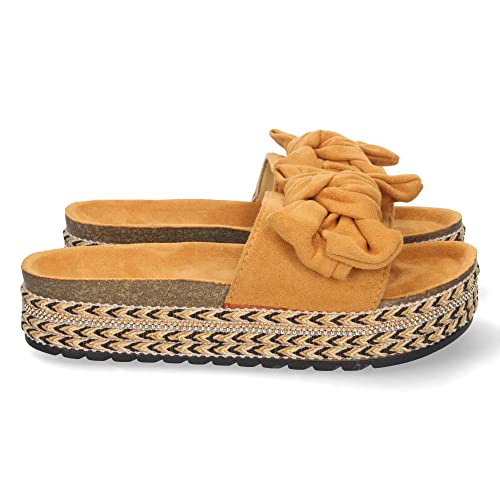 66173-Sandalia para Mujer, Lazo en Pala, con Piso de Bio y Yute, Decoracion de Motivos Etnicos, Primavera Verano 2022. Talla 38 Camel