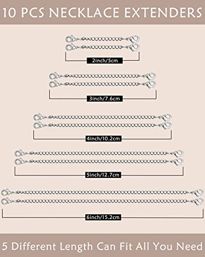 OHINGLT Necklace Extender 10Pcs Chain Extenders for Necklaces Bracelet, Silver Plated Stainless Steel Extension Chain for Women Jewelry Making