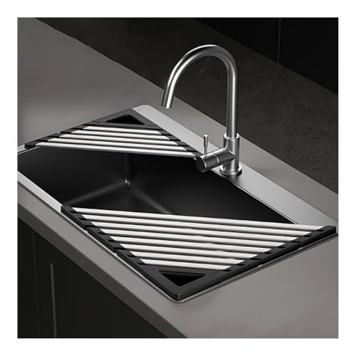 2 escurreplatos PacTriangle antideslizante sobre el fregadero, tapete escurridor de platos para esquina de cocina (negro)