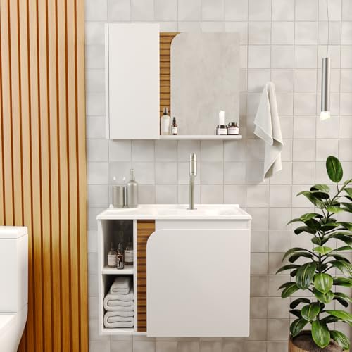 Gabinete Banheiro Lotus com 2 portas Espelheira e Cuba Branco/ripa 3d