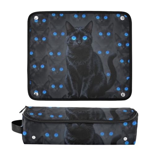 Estuche de viaje 2 en 1 para plancha rizadora con almohadilla resistente al calor y espacio para plancha alisadora y secador de cabello, negro con ojos de gato azul miniatura 3