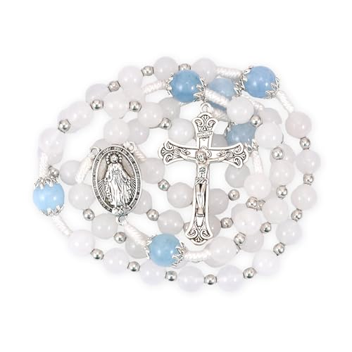 Nazareth Store 8mm White Jade & 10mm Aquamarine Stone Beads Rosary Necklace St. Miraculous Medal & Cross Crucifix Catholic Prayer Beads