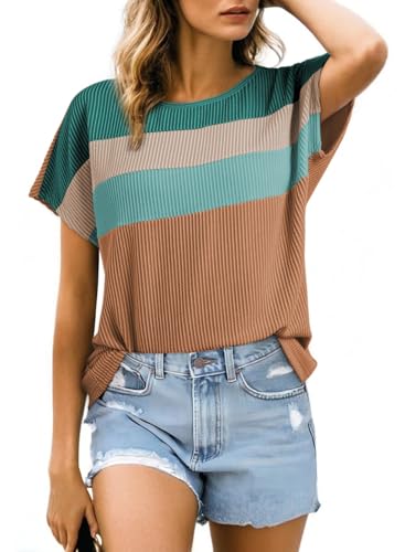 Dokotoo Womens Summer Tops 2026 Fashion Color Block Shirts Casual Crewneck Oversized Tshirts Ribbed Knit Tees Blouse - image 1