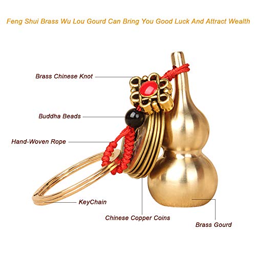 Kingzhuo 2 Pieces Wu Lou Key Chain Beautiful Gourd Keychain Lucky Keychain Set with Feng Shui Coins Solid Key Rings for Good Luck Prosperity Can Put a Lucky Note Inside (Opened from The Bottom)