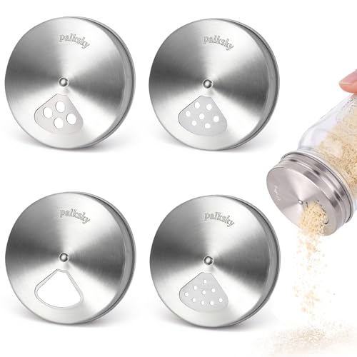 Palksky Mason Jar Spice Shaker Lids Stainless Steel 4 Pack Regular Mouth Mason Canning Cap for Spices Coriander Seed Garlic/Rosemary Powder Adjustable Tops Pour Spout Seasoning Shaker Dispenser