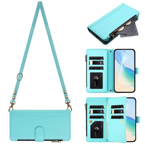 Rnrieyta - Funda tipo cartera con cremallera para iPhone 15 Pro Max, con asa de bandolera, monedero con 9 ranuras para tarjetas magnéticas, cubierta de bolsillo, protector a todo alrededor, a prueba