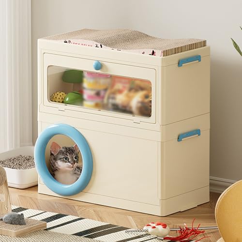 YLLSMGS 猫 ケージ 猫の家 プラスチック製猫ケージ ペットケージ 猫 大型猫小屋 積み重ね可能 ネコ ゲージ 上部に猫用爪とぎボード付き ペットゲージ 猫 1〜2匹の猫用収納スペース ウサギ フェレット チンチラ 屋外 屋内用 猫用ケージ(Blue