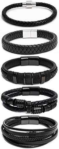 Desiroman 5Pcs Black Leather Bracelets for Men Women Leather Bracelets Set and Leather Braided Cuff Bracelets with Stainless Steel Clasp Quality Gift.(Black, 8.5